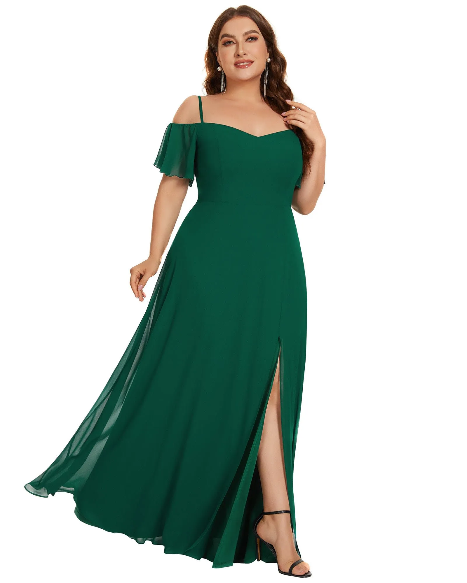 Stylish Cold Shoulder Flare Sleeves Flowy Bridesmaid Dress | Dark Green