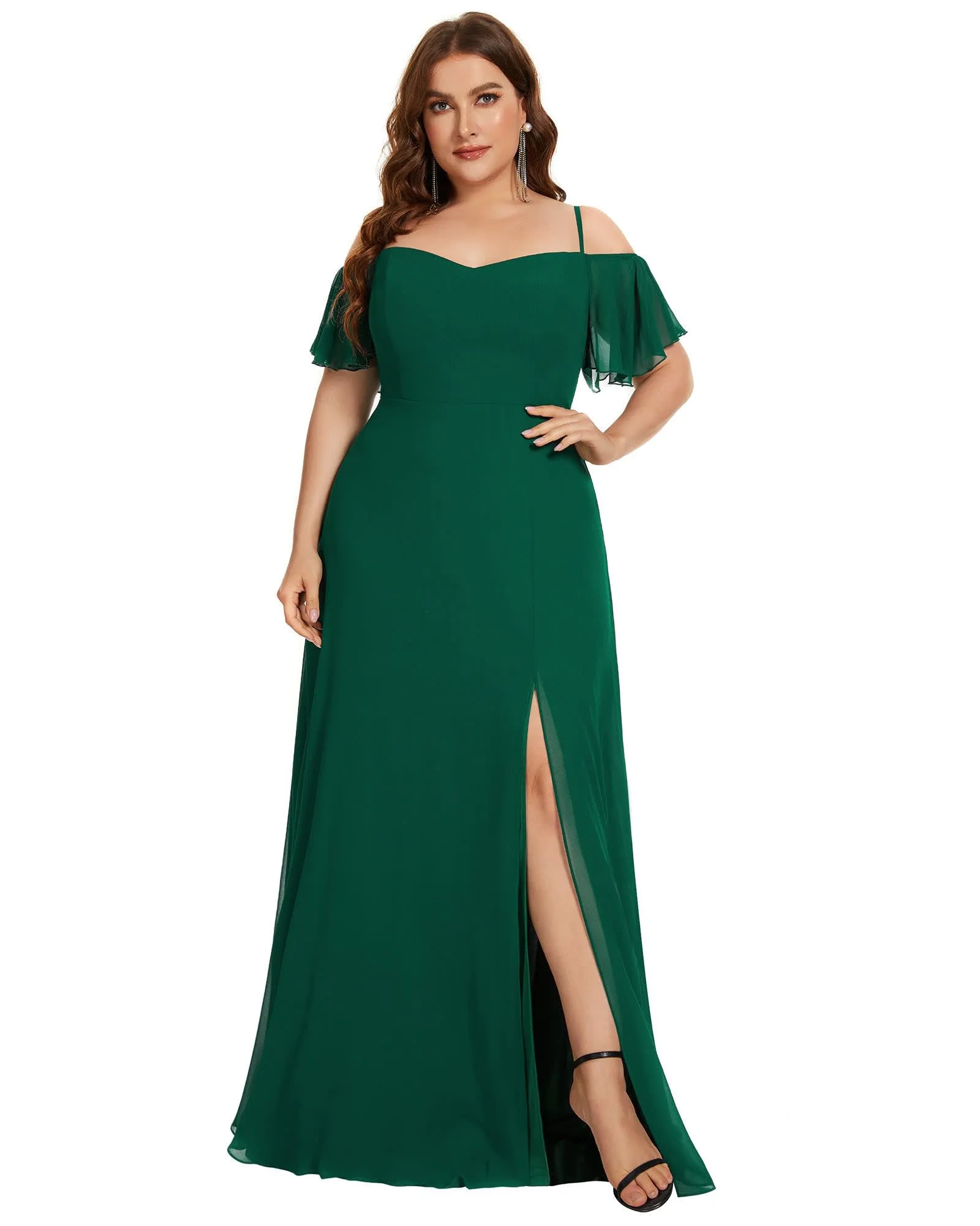 Stylish Cold Shoulder Flare Sleeves Flowy Bridesmaid Dress | Dark Green