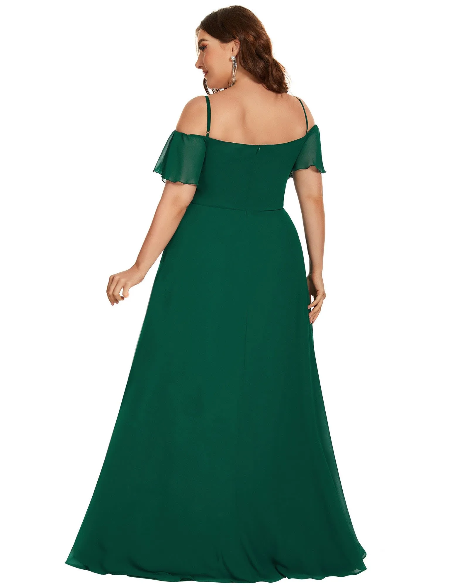 Stylish Cold Shoulder Flare Sleeves Flowy Bridesmaid Dress | Dark Green
