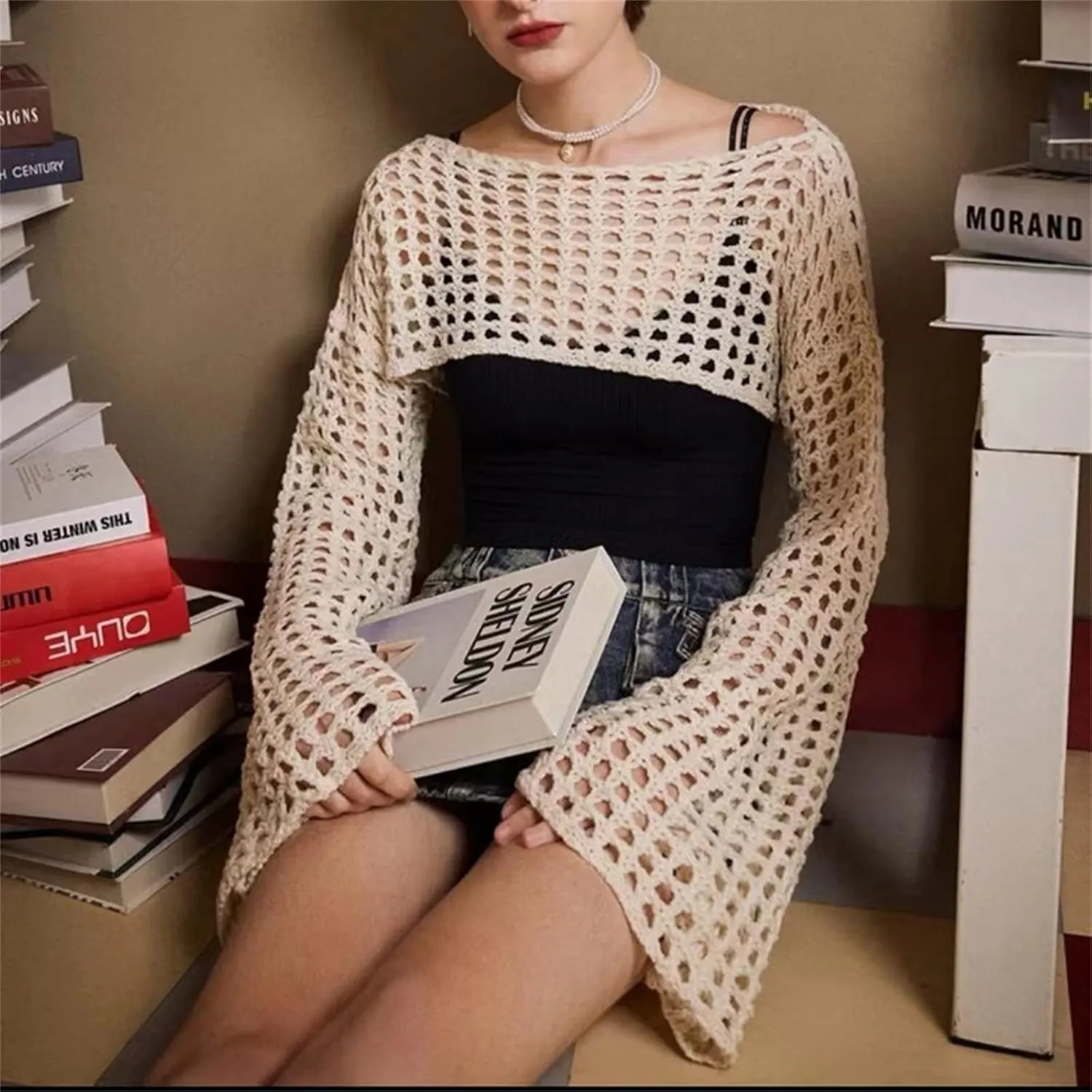 Sweaters,Women Grunge-Crochet Knit See Through Crop Tops Up Shrug Long Sleeve Neck Casual Cropped Smock Top Blouse