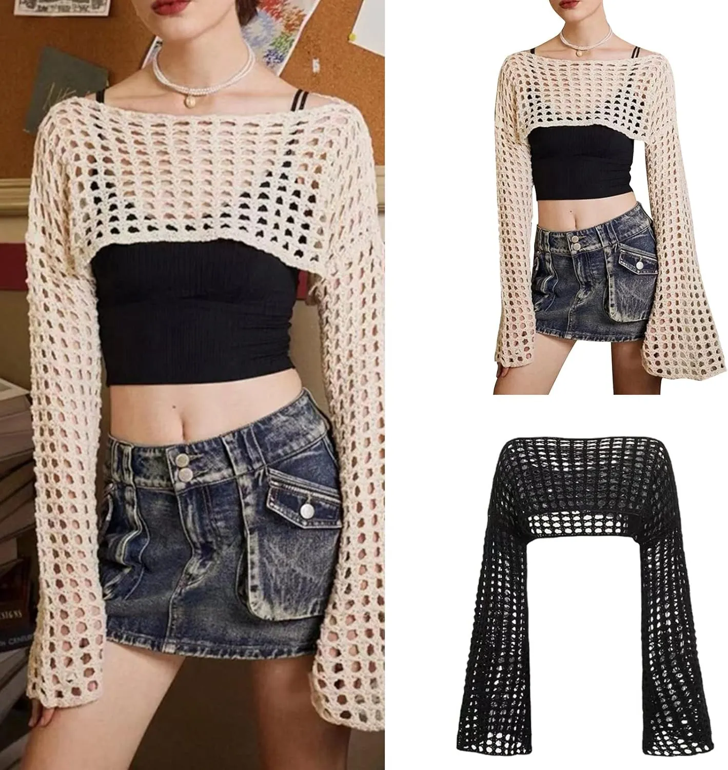 Sweaters,Women Grunge-Crochet Knit See Through Crop Tops Up Shrug Long Sleeve Neck Casual Cropped Smock Top Blouse