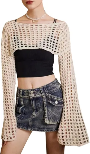 Sweaters,Women Grunge-Crochet Knit See Through Crop Tops Up Shrug Long Sleeve Neck Casual Cropped Smock Top Blouse