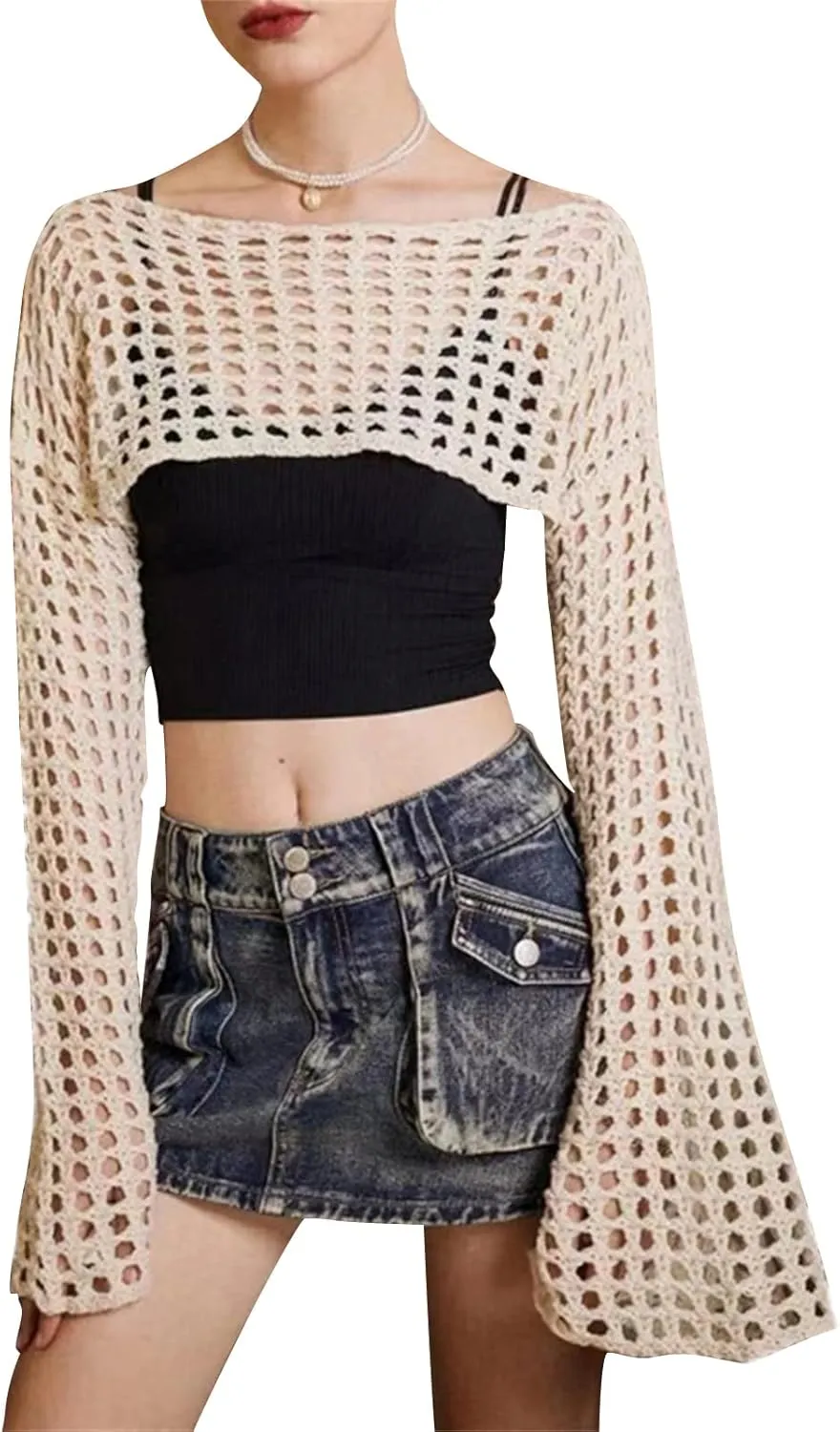 Sweaters,Women Grunge-Crochet Knit See Through Crop Tops Up Shrug Long Sleeve Neck Casual Cropped Smock Top Blouse