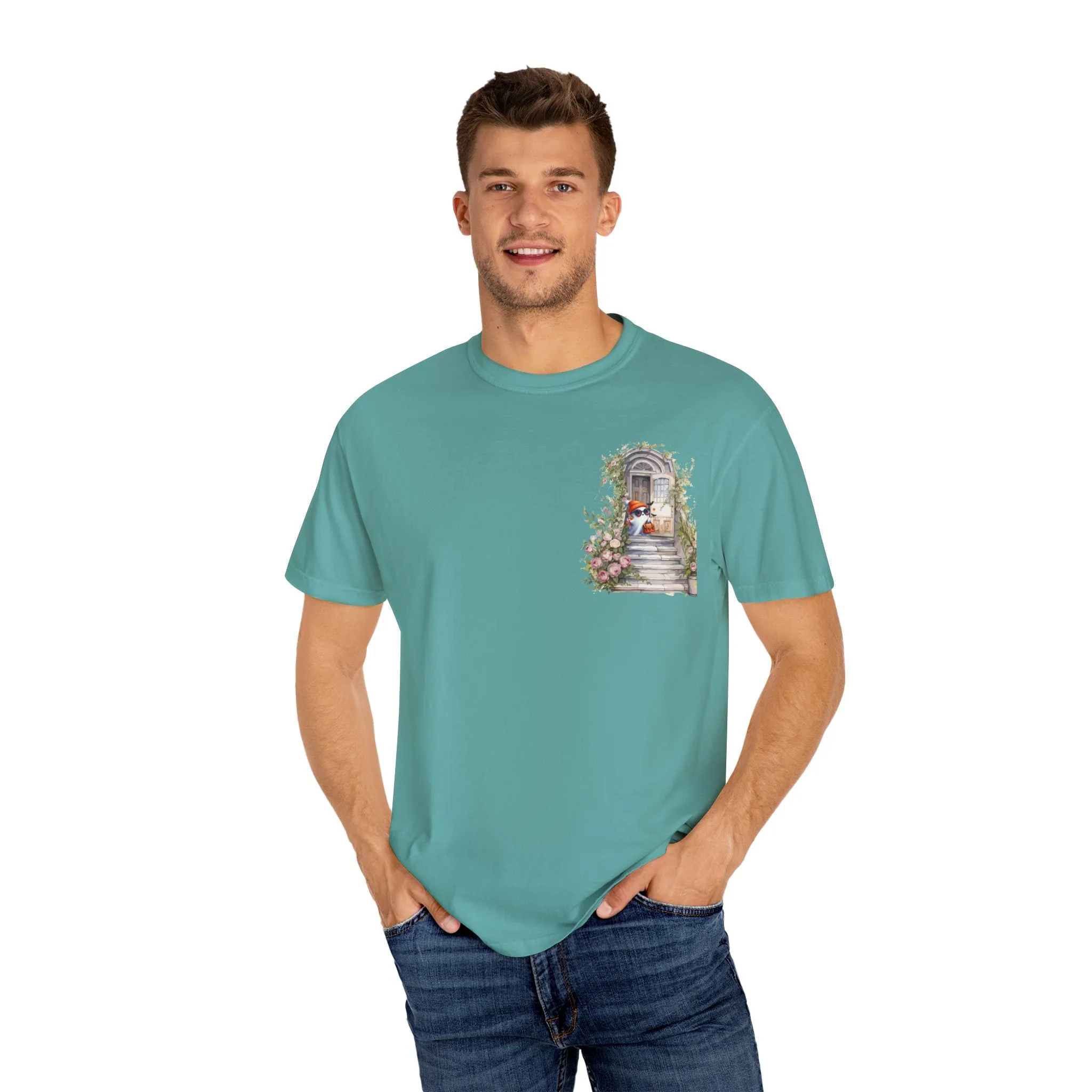 T-shirt Unisex con Imagen de Fantasma Bajando las Escaleras a Buscar dulces en Halloween/T-shirt Halloween/T-shirt Fantasma