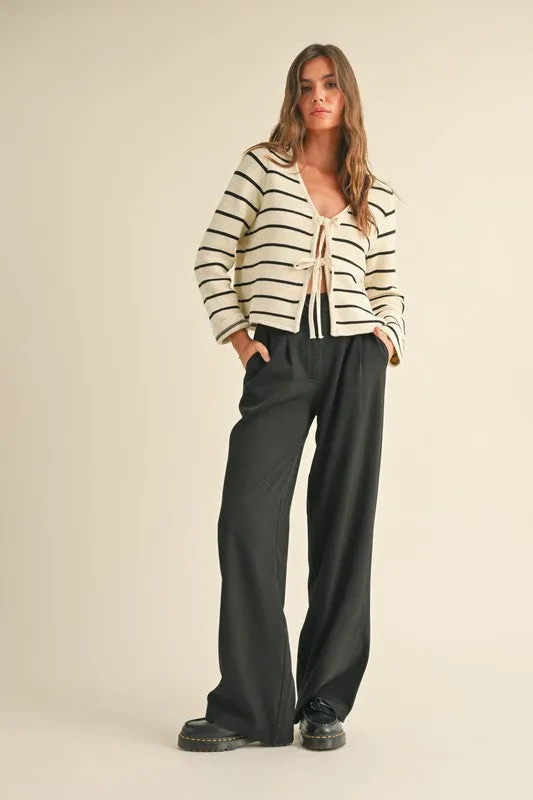 Waitlist 2/5 ♥ Brisa Long Sleeve Bow Tie Stripe Print Cardigan Sweater White