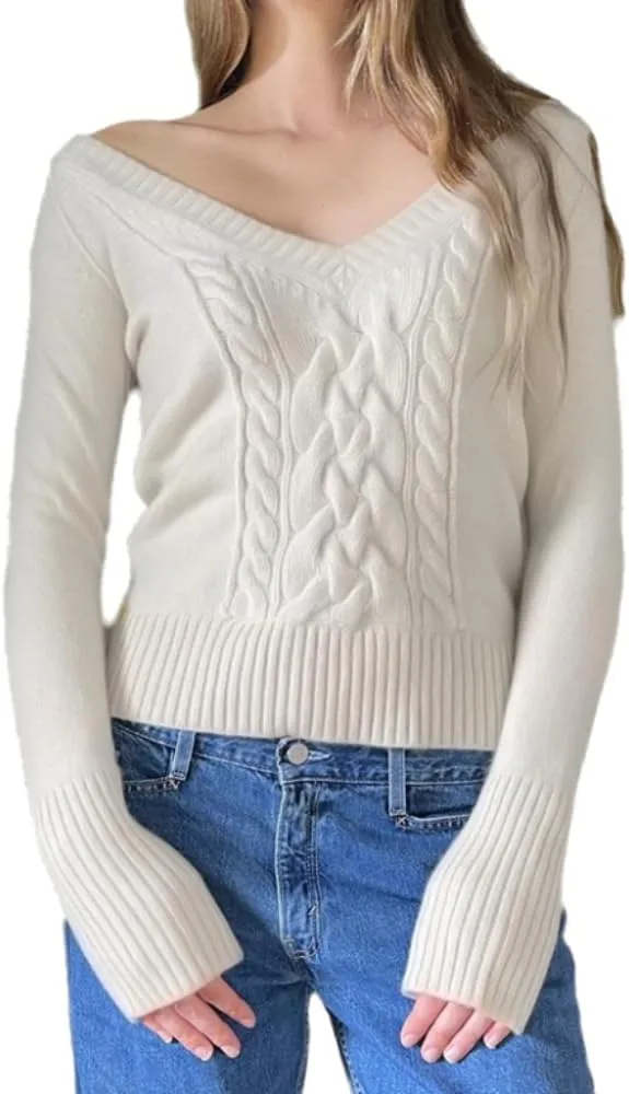 Women Casual Cable Knit Sweater Dressy Soft Jumper Long Sleeve V Neck Pullover Tops