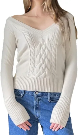 Women Casual Cable Knit Sweater Dressy Soft Jumper Long Sleeve V Neck Pullover Tops