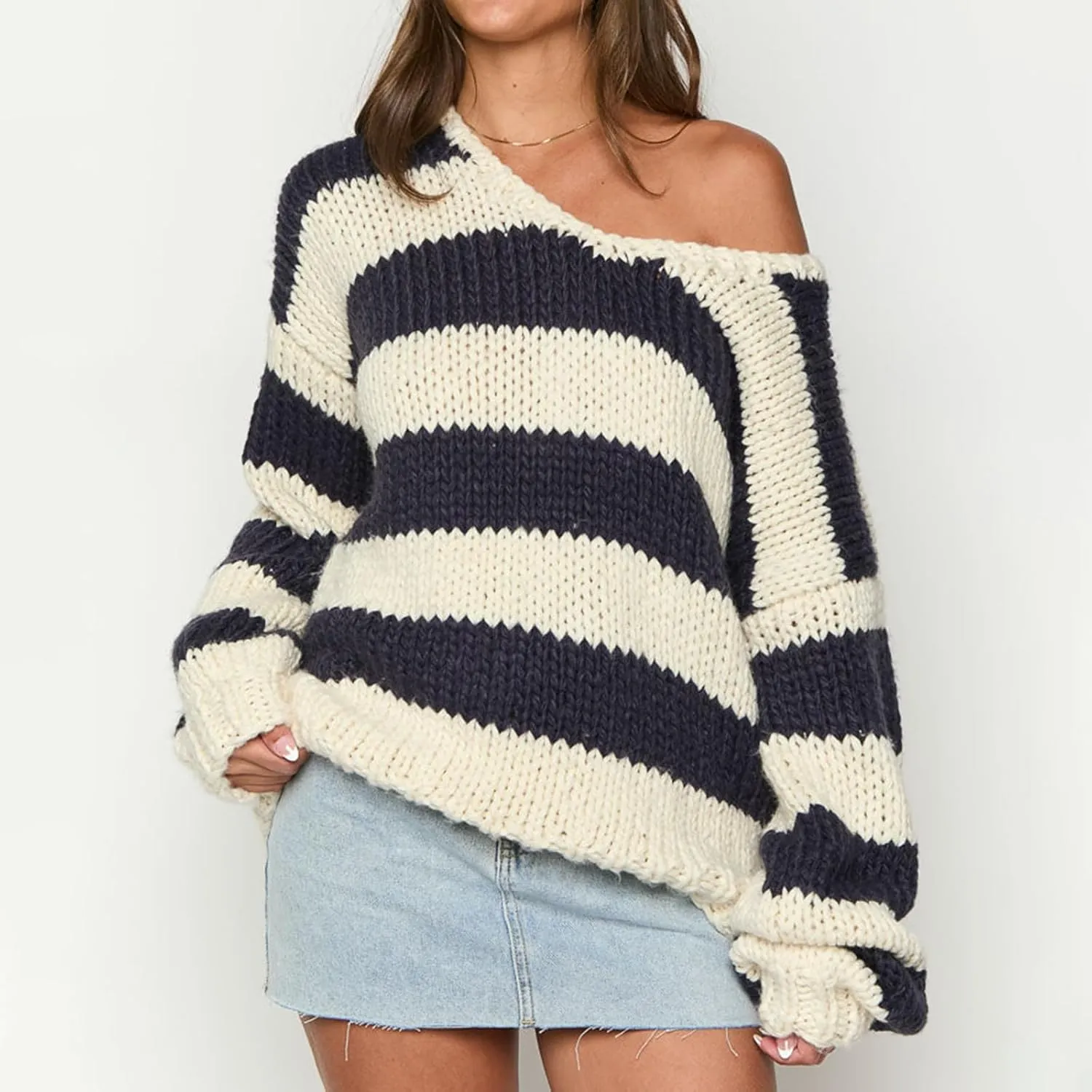 Women Striped Chunky Knit Sweater Drop Shoulder Long Sleeve V-Neck Oversized Sweater Pullover Loose Knit Jumper Top