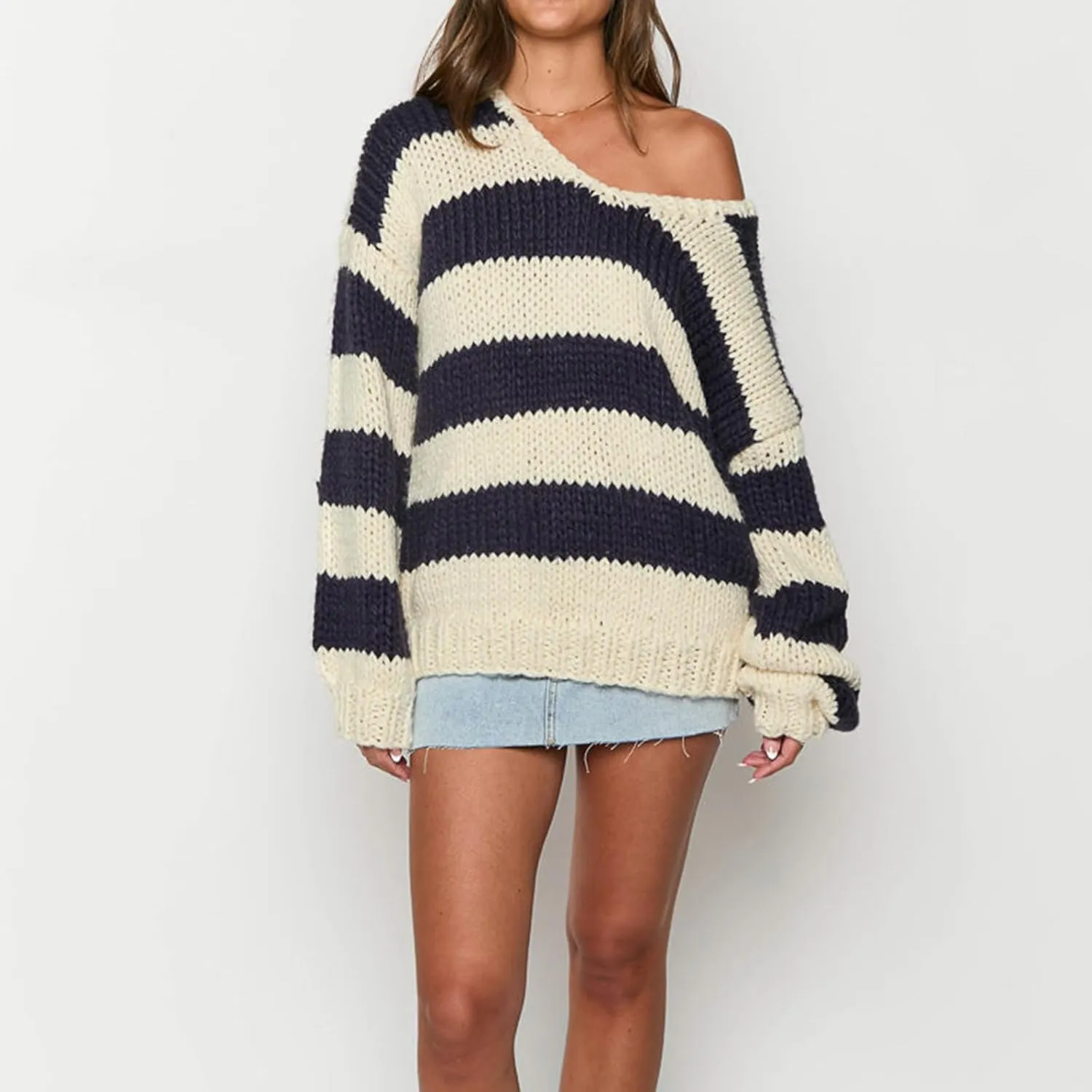 Women Striped Chunky Knit Sweater Drop Shoulder Long Sleeve V-Neck Oversized Sweater Pullover Loose Knit Jumper Top