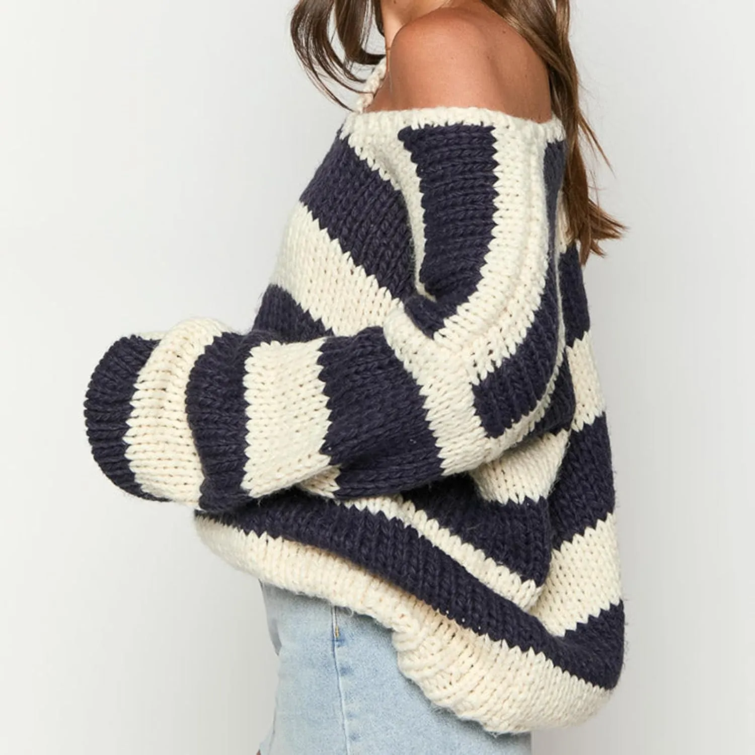 Women Striped Chunky Knit Sweater Drop Shoulder Long Sleeve V-Neck Oversized Sweater Pullover Loose Knit Jumper Top