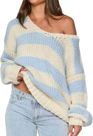Women Striped Chunky Knit Sweater Drop Shoulder Long Sleeve V-Neck Oversized Sweater Pullover Loose Knit Jumper Top