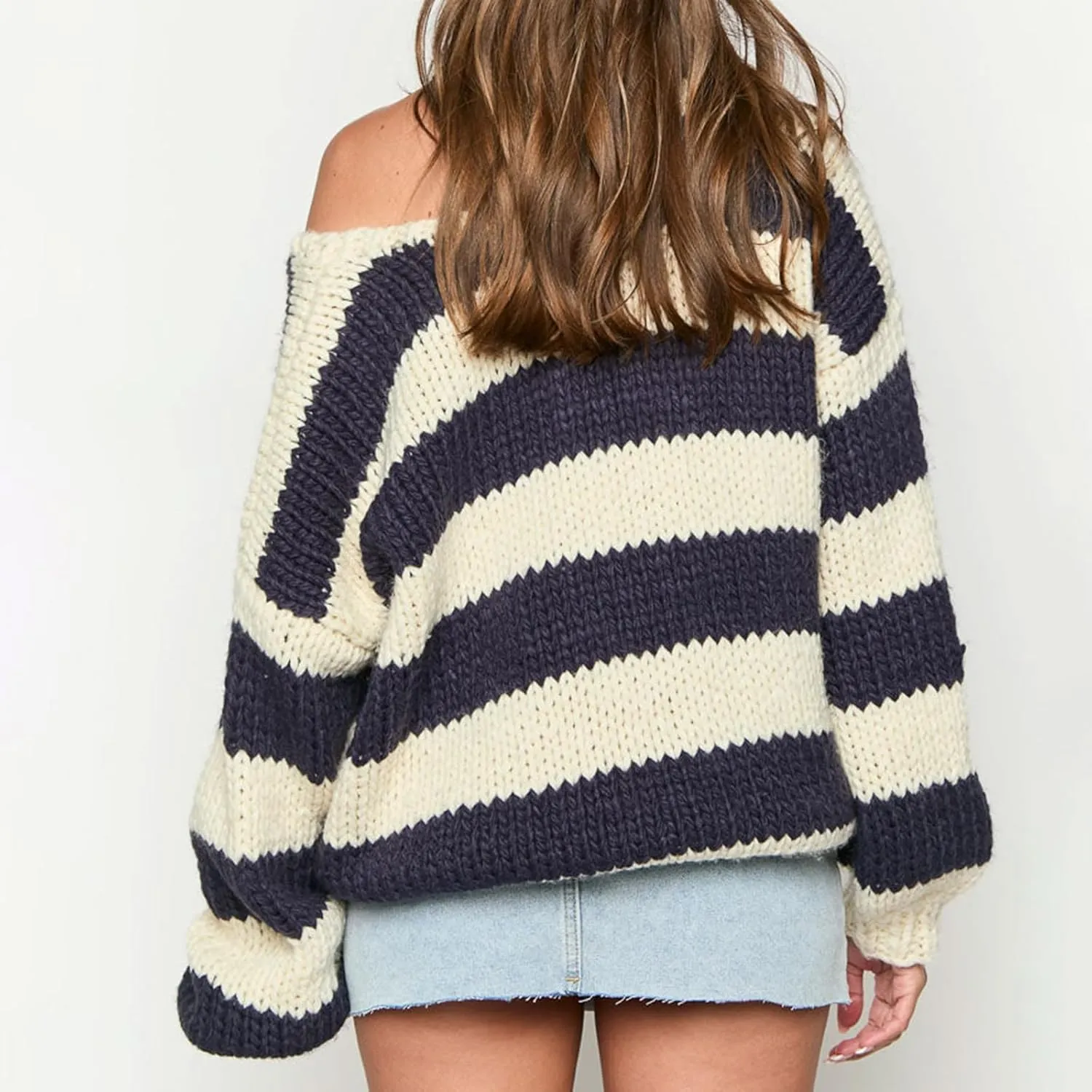 Women Striped Chunky Knit Sweater Drop Shoulder Long Sleeve V-Neck Oversized Sweater Pullover Loose Knit Jumper Top