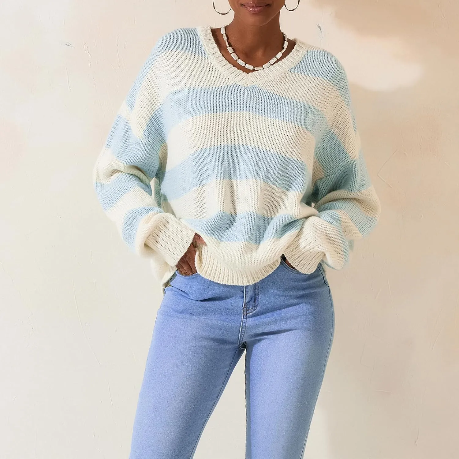 Women Striped Chunky Knit Sweater Drop Shoulder Long Sleeve V-Neck Oversized Sweater Pullover Loose Knit Jumper Top