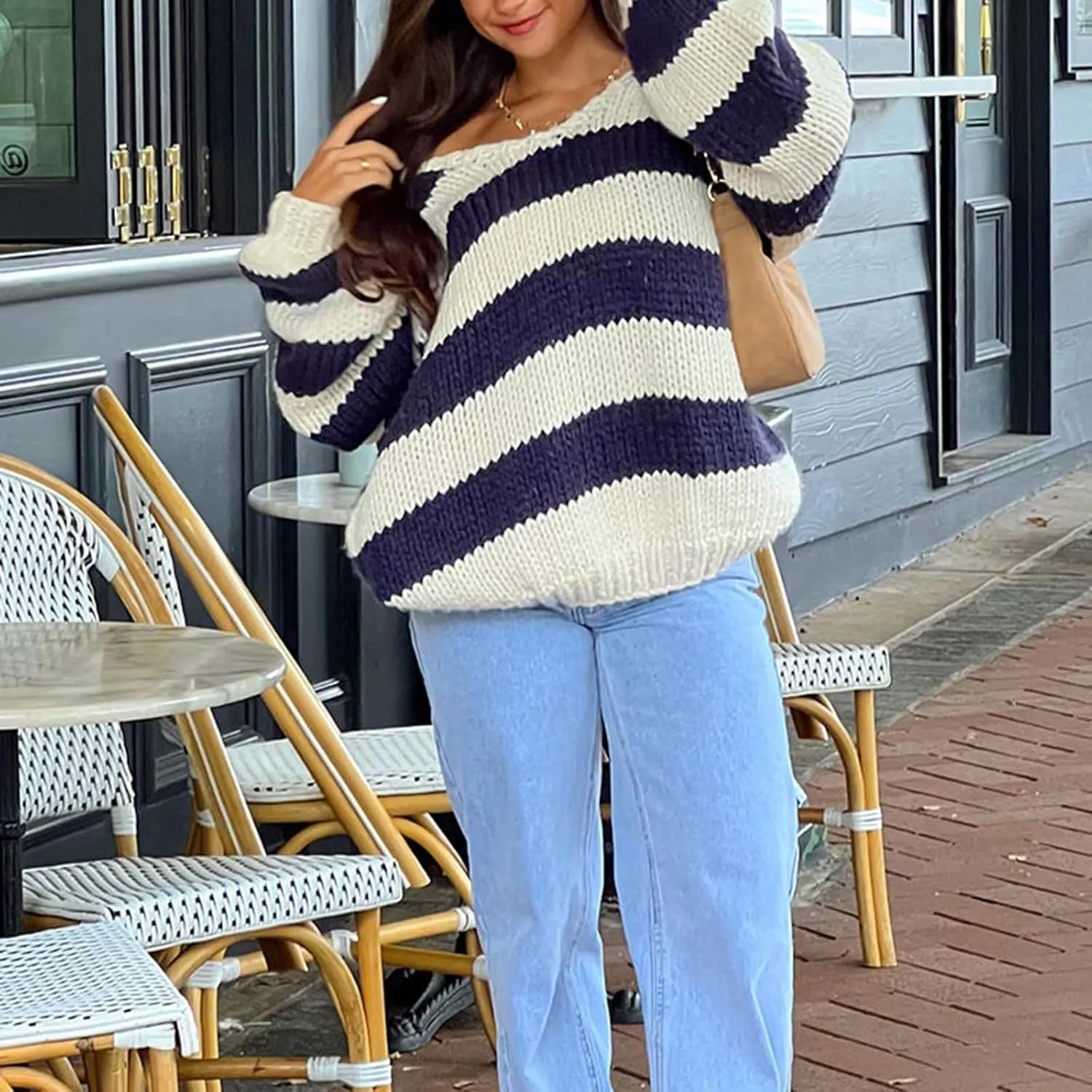 Women Striped Chunky Knit Sweater Drop Shoulder Long Sleeve V-Neck Oversized Sweater Pullover Loose Knit Jumper Top