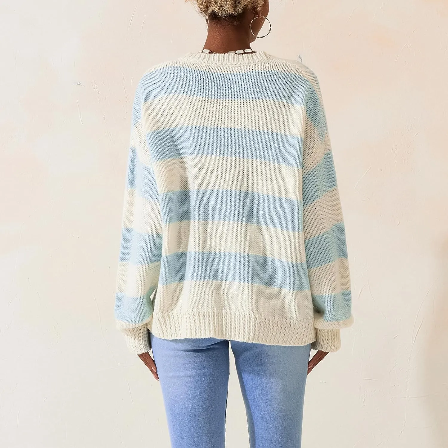 Women Striped Chunky Knit Sweater Drop Shoulder Long Sleeve V-Neck Oversized Sweater Pullover Loose Knit Jumper Top
