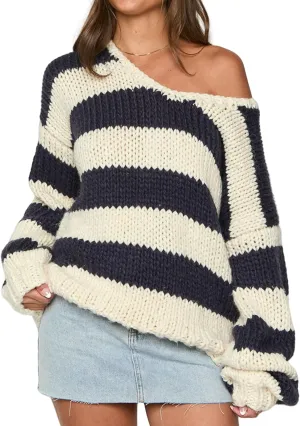 Women Striped Chunky Knit Sweater Drop Shoulder Long Sleeve V-Neck Oversized Sweater Pullover Loose Knit Jumper Top