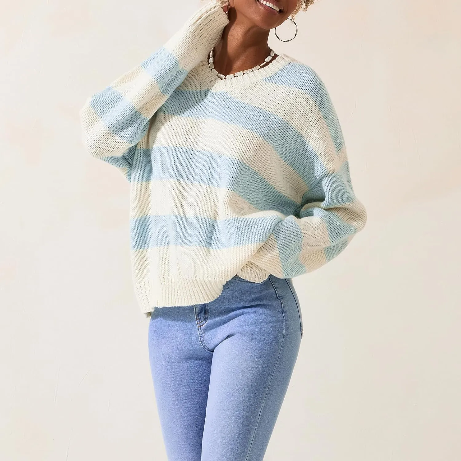 Women Striped Chunky Knit Sweater Drop Shoulder Long Sleeve V-Neck Oversized Sweater Pullover Loose Knit Jumper Top