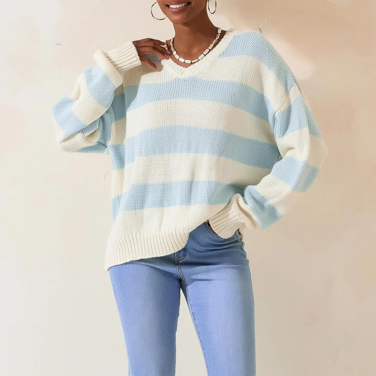 Women Striped Chunky Knit Sweater Drop Shoulder Long Sleeve V-Neck Oversized Sweater Pullover Loose Knit Jumper Top