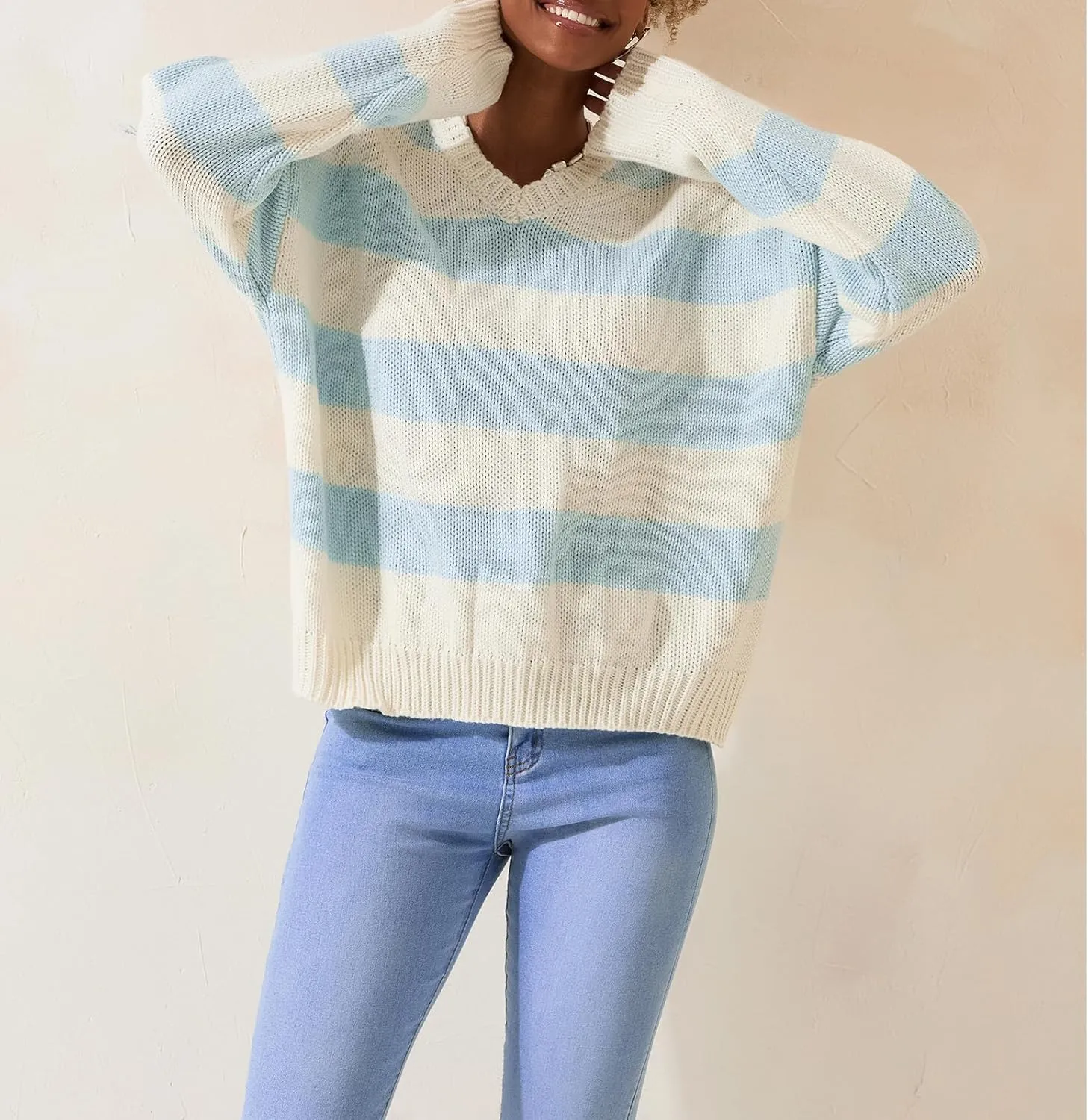 Women Striped Chunky Knit Sweater Drop Shoulder Long Sleeve V-Neck Oversized Sweater Pullover Loose Knit Jumper Top
