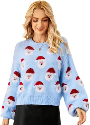 Women's Christmas Top Long Sleeve Round Neck Santa Claus Knitted Sweater Pullover Top
