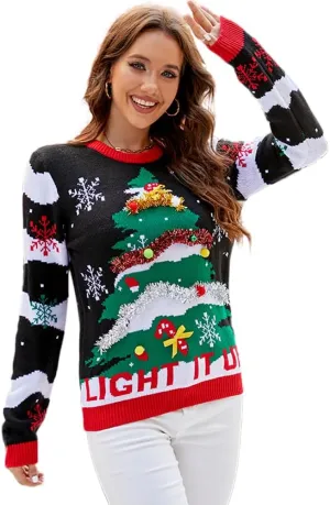 Women's Christmas Top Long Sleeve Round Neck Santa Claus Knitted Sweater Pullover Top