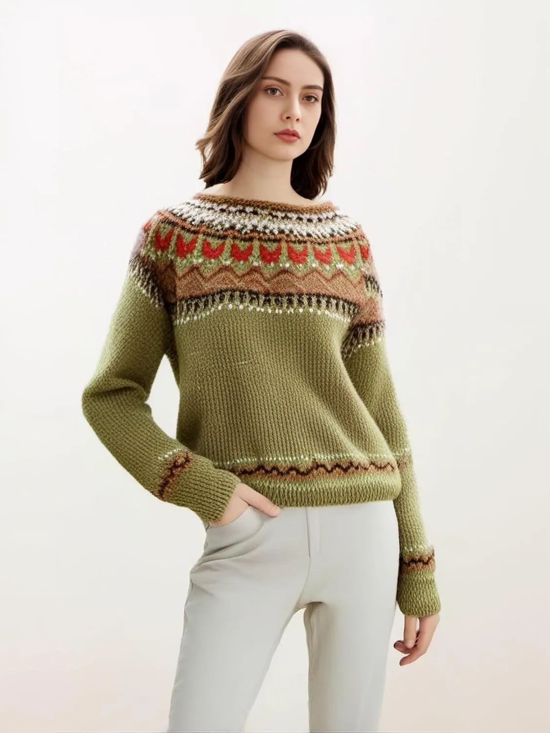 Women's Classic Fair Isle Pattern Knit Sweater 2024 Trendy Casual Loose Crewneck Long Sleeve Lightweight Jumper Tops