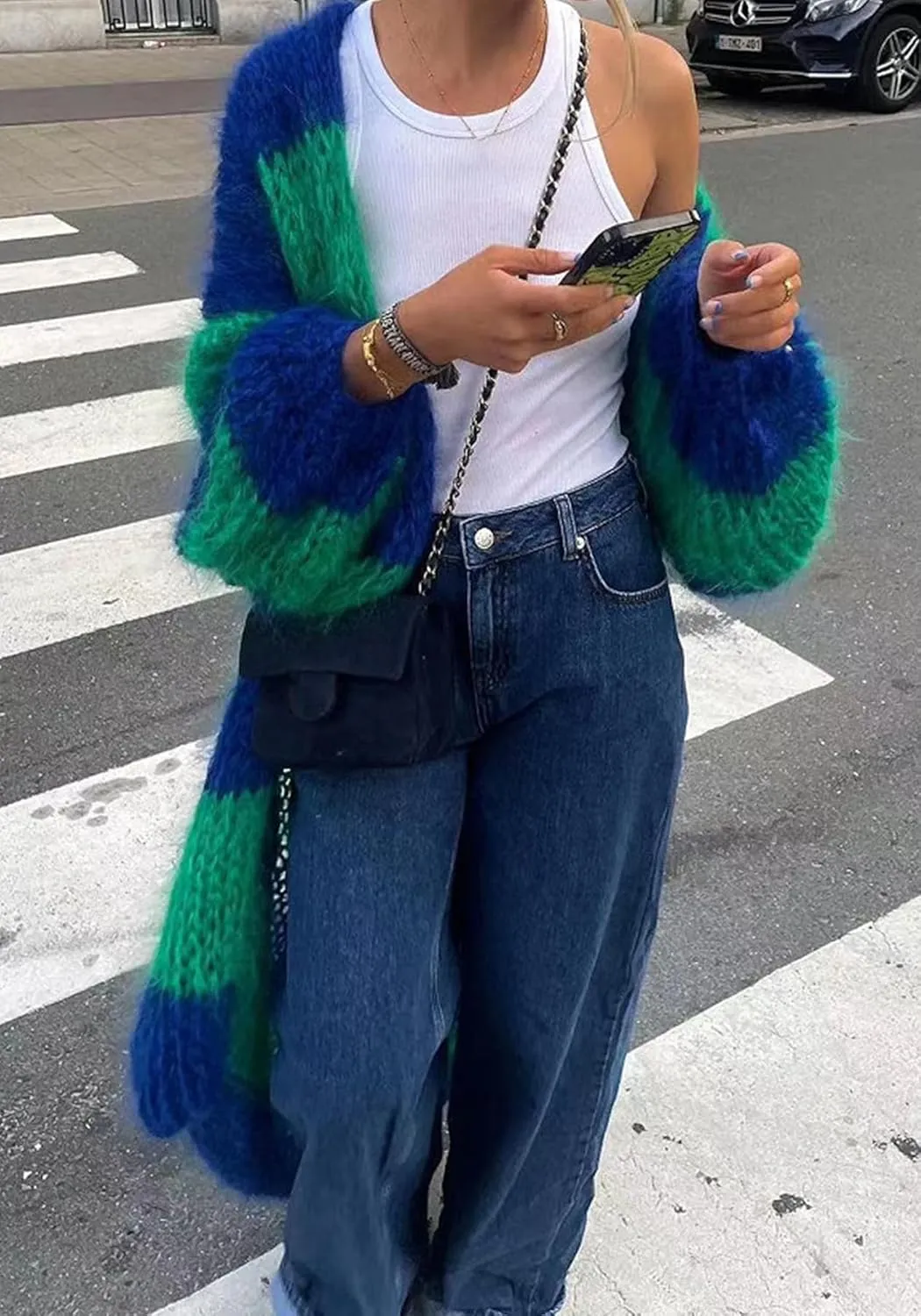 Women's Color Block Striped Long Cardigan Sweaters Open Front Oversized Chunky Knit Slouchy Loose Sweater Coat