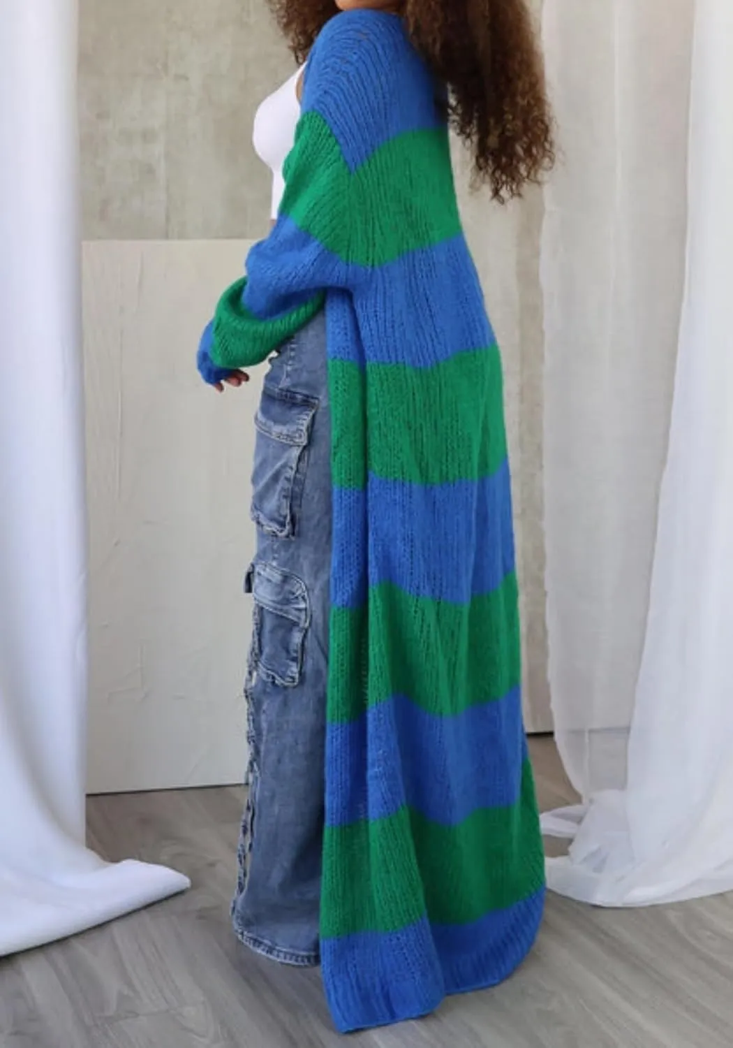 Women's Color Block Striped Long Cardigan Sweaters Open Front Oversized Chunky Knit Slouchy Loose Sweater Coat