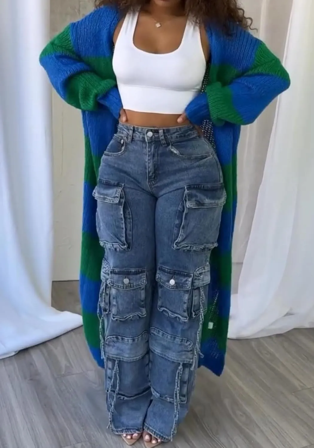 Women's Color Block Striped Long Cardigan Sweaters Open Front Oversized Chunky Knit Slouchy Loose Sweater Coat
