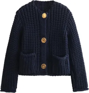 Womens Cropped Cardigan Sweaters Chunky Long Sleeve Open Front Button Cable Knit Sweater Crochet Cardigan Outerwear