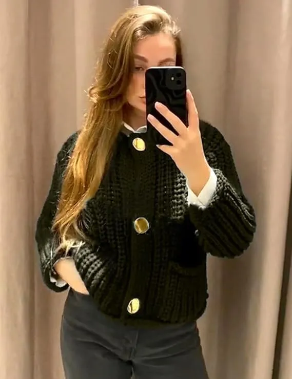 Womens Cropped Cardigan Sweaters Chunky Long Sleeve Open Front Button Cable Knit Sweater Crochet Cardigan Outerwear