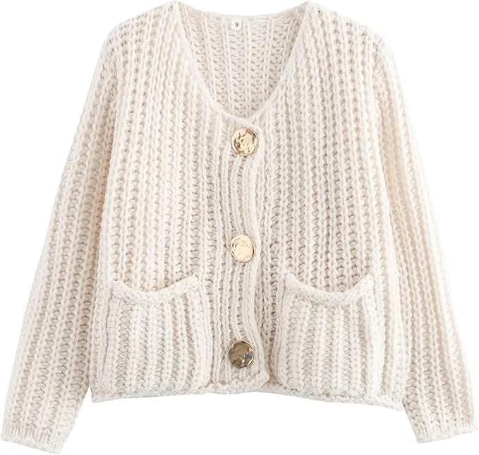 Womens Cropped Cardigan Sweaters Chunky Long Sleeve Open Front Button Cable Knit Sweater Crochet Cardigan Outerwear