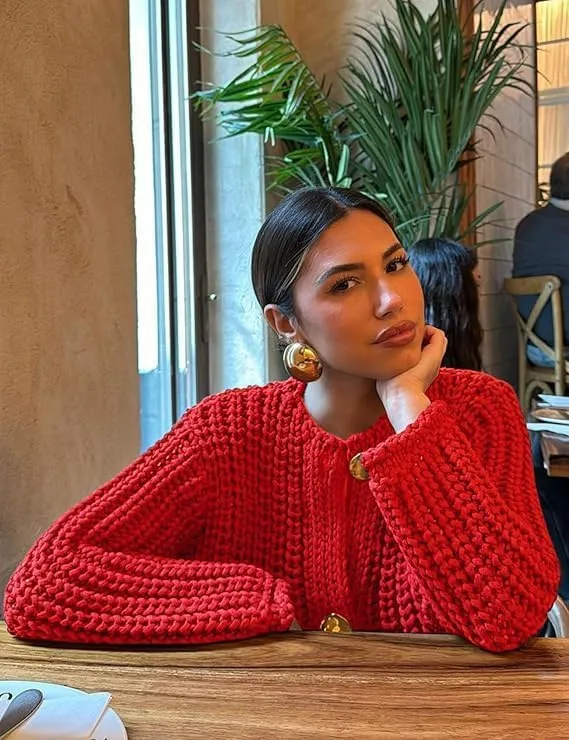 Womens Cropped Cardigan Sweaters Chunky Long Sleeve Open Front Button Cable Knit Sweater Crochet Cardigan Outerwear