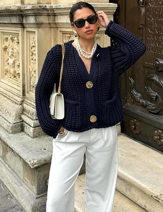Womens Cropped Cardigan Sweaters Chunky Long Sleeve Open Front Button Cable Knit Sweater Crochet Cardigan Outerwear