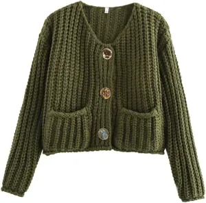 Womens Cropped Cardigan Sweaters Chunky Long Sleeve Open Front Button Cable Knit Sweater Crochet Cardigan Outerwear