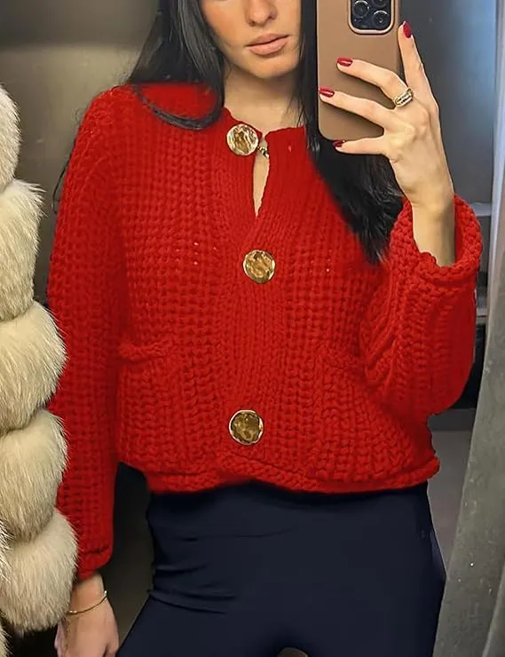 Womens Cropped Cardigan Sweaters Chunky Long Sleeve Open Front Button Cable Knit Sweater Crochet Cardigan Outerwear