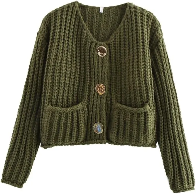 Womens Cropped Cardigan Sweaters Chunky Long Sleeve Open Front Button Cable Knit Sweater Crochet Cardigan Outerwear