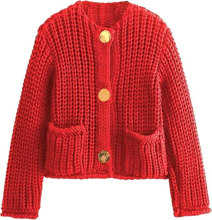 Womens Cropped Cardigan Sweaters Chunky Long Sleeve Open Front Button Cable Knit Sweater Crochet Cardigan Outerwear