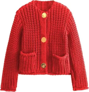 Womens Cropped Cardigan Sweaters Chunky Long Sleeve Open Front Button Cable Knit Sweater Crochet Cardigan Outerwear