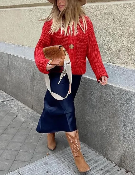 Womens Cropped Cardigan Sweaters Chunky Long Sleeve Open Front Button Cable Knit Sweater Crochet Cardigan Outerwear