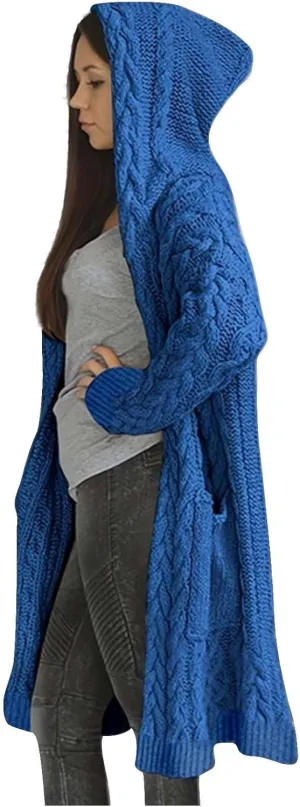 Women's Hooded Open Front Cardigan Cable Knit Hoodie Sweaters Solid Chunky Long Sweater Coats Ladies Fashion Knitwear