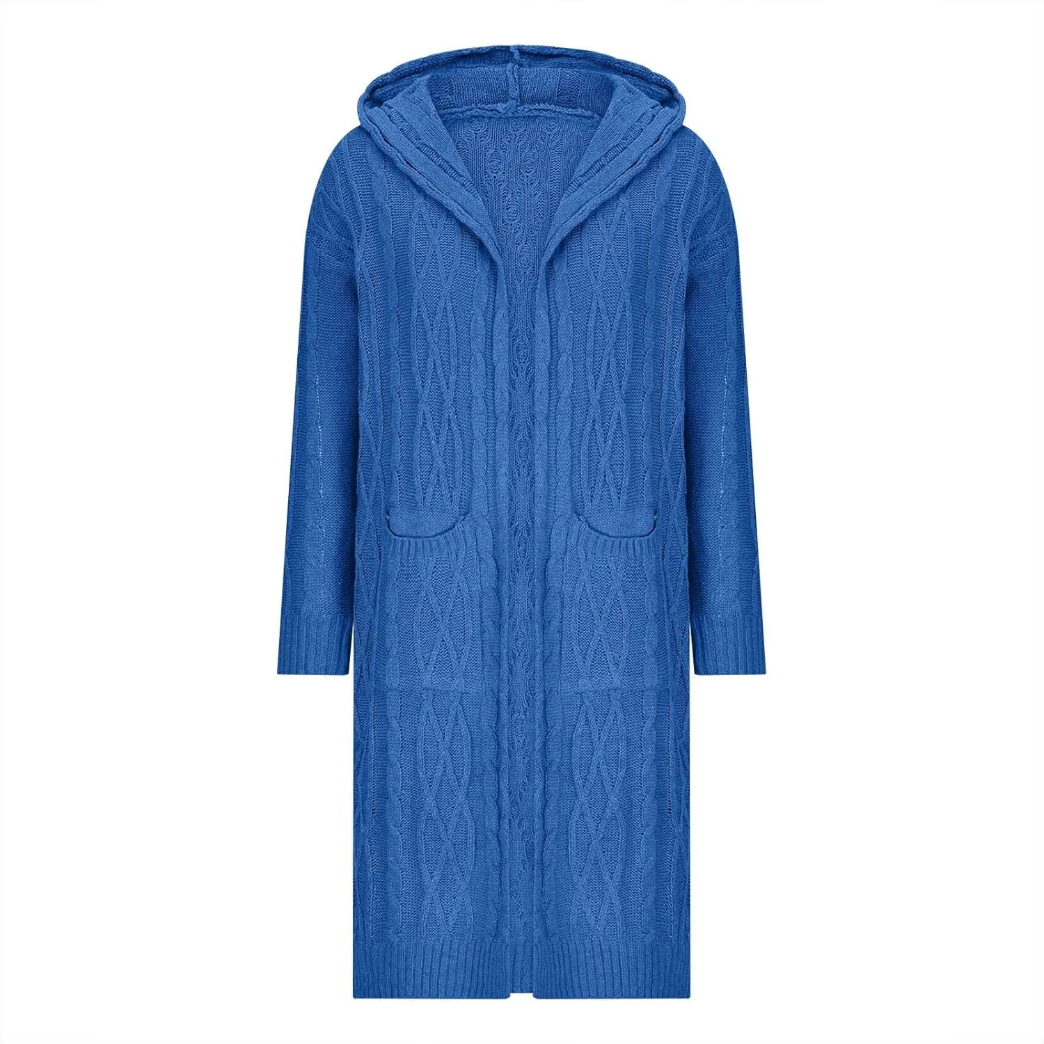Women's Hooded Open Front Cardigan Cable Knit Hoodie Sweaters Solid Chunky Long Sweater Coats Ladies Fashion Knitwear