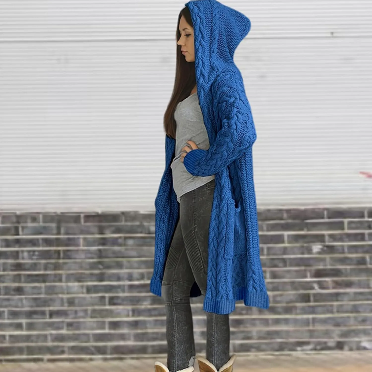 Women's Hooded Open Front Cardigan Cable Knit Hoodie Sweaters Solid Chunky Long Sweater Coats Ladies Fashion Knitwear