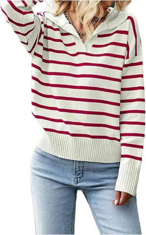 Womens Striped Sweaters Lapel Cable Knitted Casual Pullover V Neck Color Block Jumper Long Sleeve Loose Soft Tops