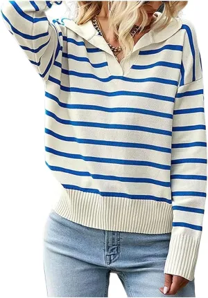 Womens Striped Sweaters Lapel Cable Knitted Casual Pullover V Neck Color Block Jumper Long Sleeve Loose Soft Tops