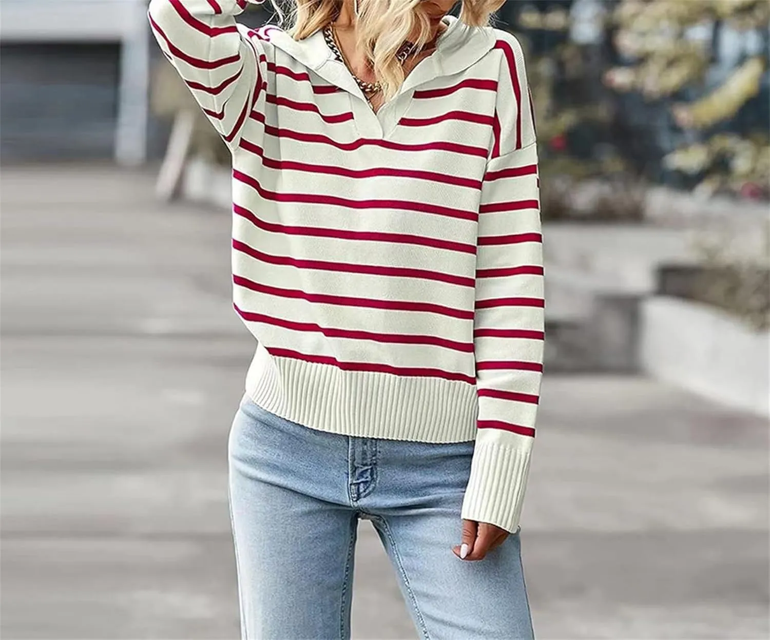Womens Striped Sweaters Lapel Cable Knitted Casual Pullover V Neck Color Block Jumper Long Sleeve Loose Soft Tops