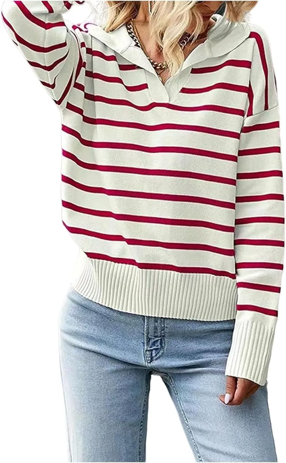 Womens Striped Sweaters Lapel Cable Knitted Casual Pullover V Neck Color Block Jumper Long Sleeve Loose Soft Tops