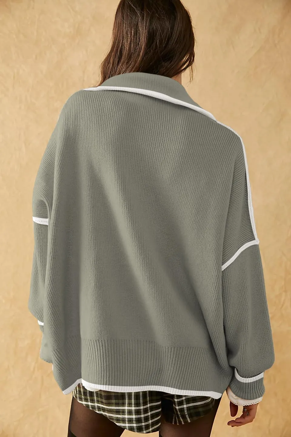 Womens Sweaters Casual Zipper Neck Knit Tops Batwing Sleeve Oversized Sweatshirt Stripes Pullover Sweater Side Split