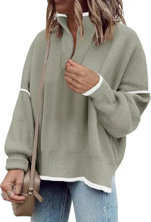 Womens Sweaters Casual Zipper Neck Knit Tops Batwing Sleeve Oversized Sweatshirt Stripes Pullover Sweater Side Split