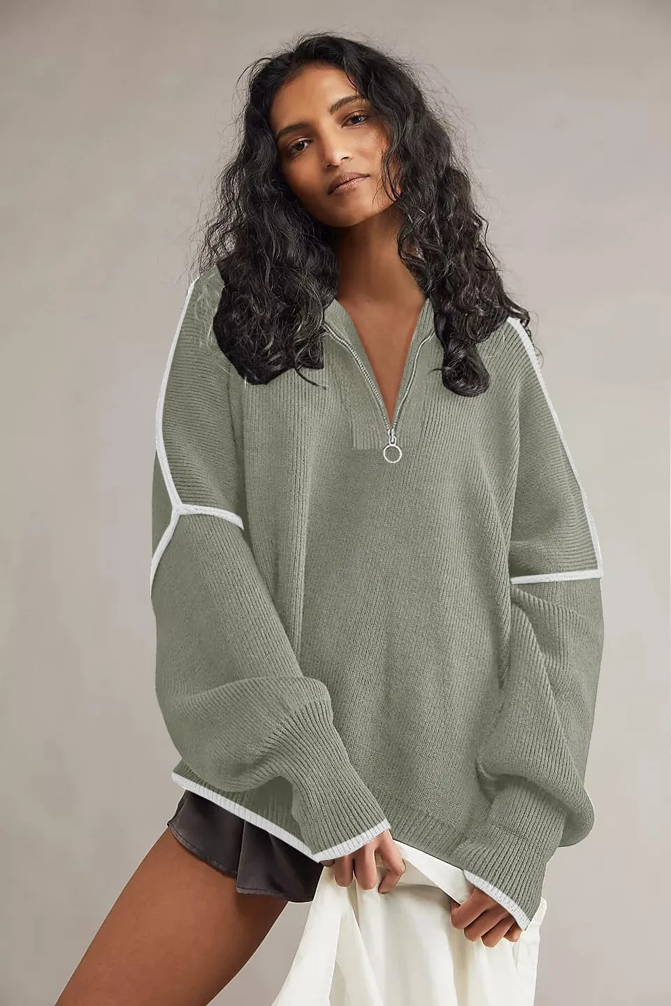 Womens Sweaters Casual Zipper Neck Knit Tops Batwing Sleeve Oversized Sweatshirt Stripes Pullover Sweater Side Split